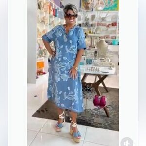 Puro Lino 100% Linen Made in Italy Blue and White Floral Midi Dress Size OS